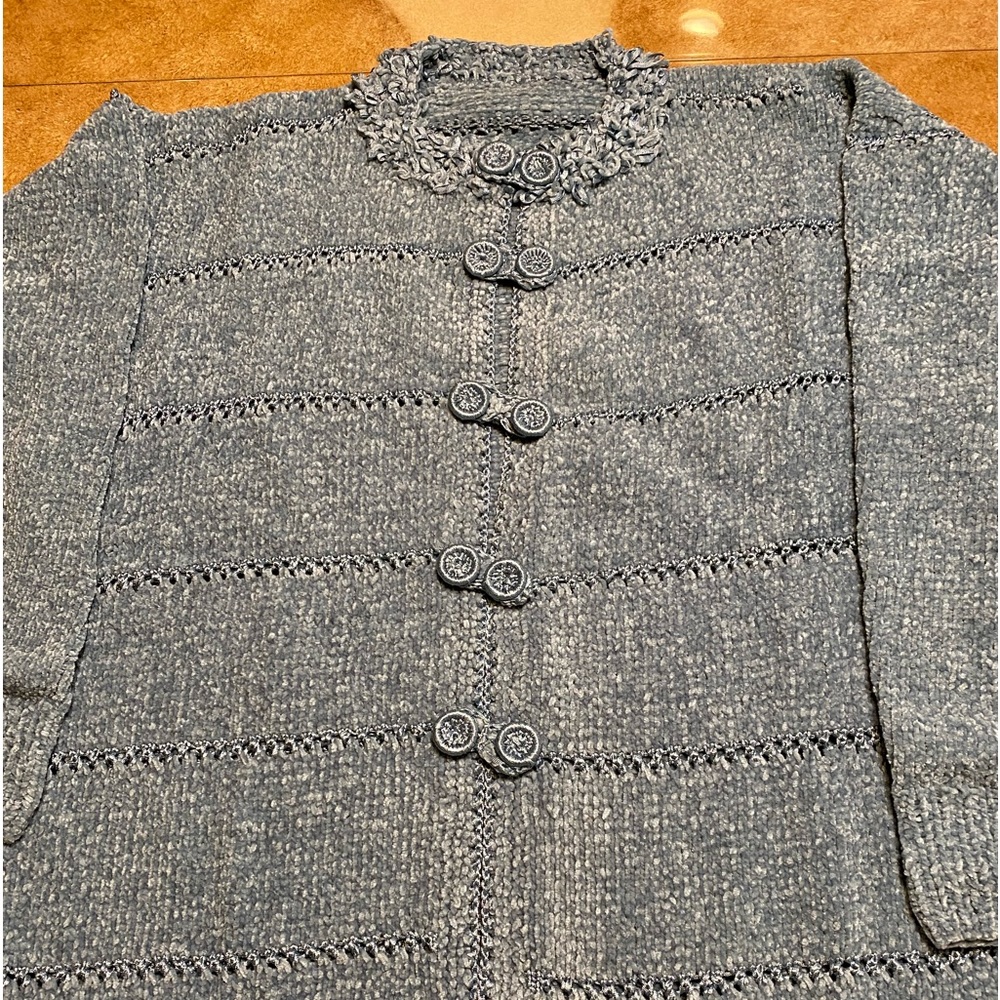 Handmade chenille light blue sweater with decorative neckline and buttons
